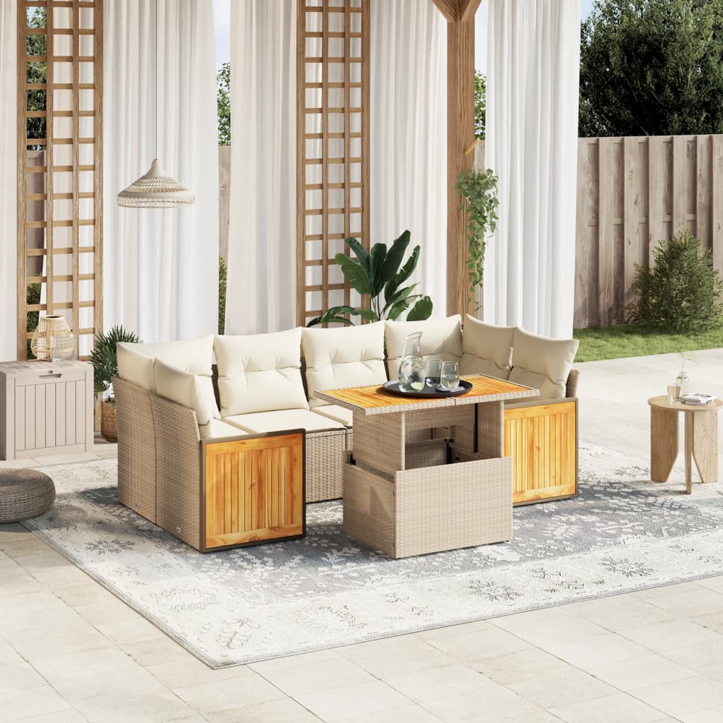 7 Pcs conjunto de sofás p/ jardim com almofadões vime PE bege