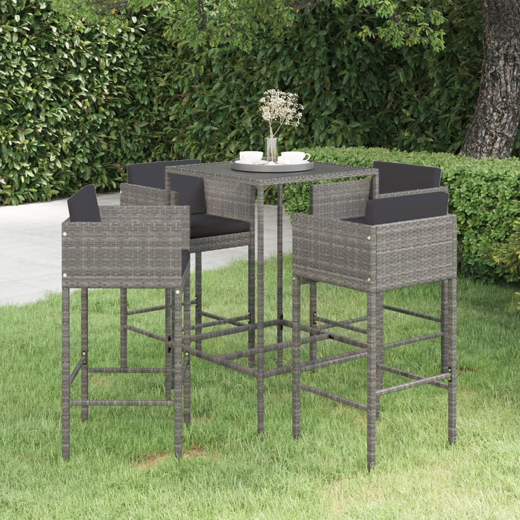 5 Pcs conjunto de bar p/ jardim c/ almofadões vime PE cinzento