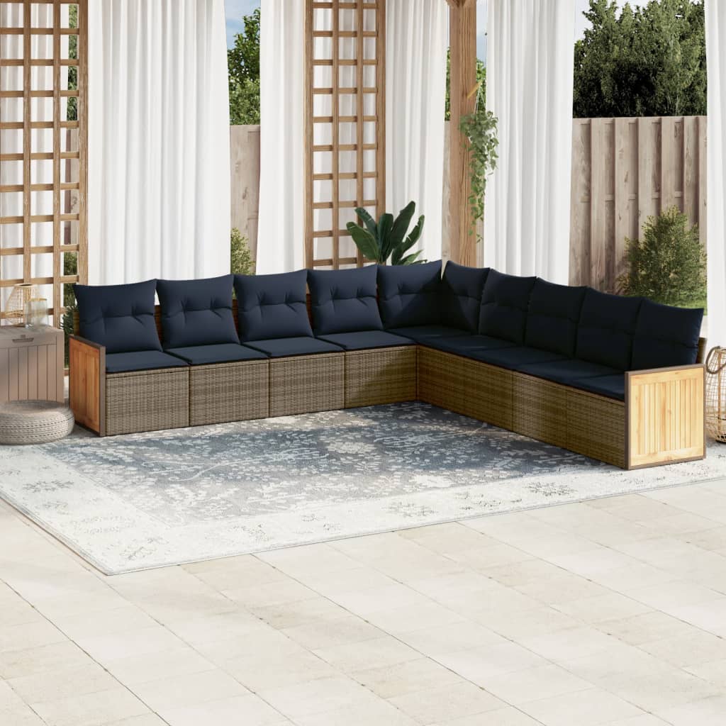 Conjunto de sofá de jardim de 9 peças com almofadas em rattan sintético cinza