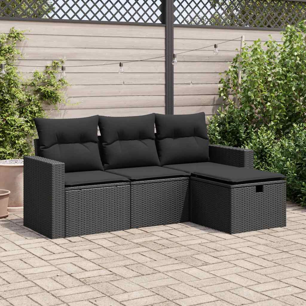 4 Pcs conjunto de sofás para jardim c/ almofadões vime PE preto