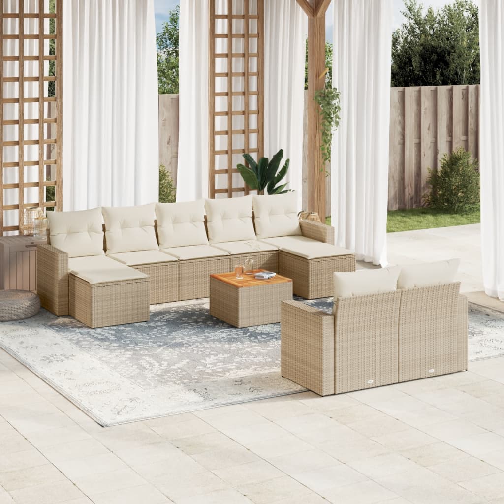 10 Pcs conjunto de sofás p/ jardim com almofadões vime PE bege