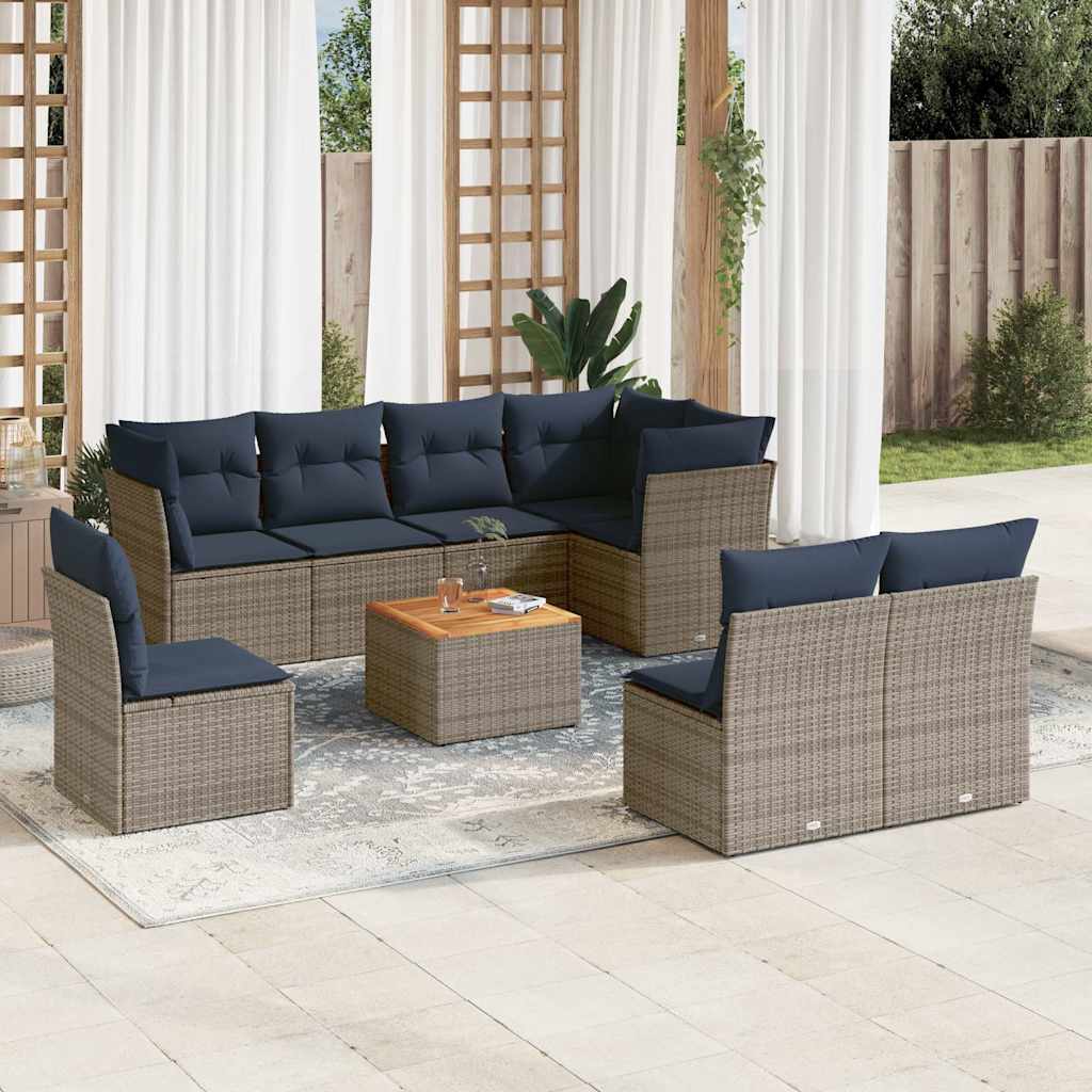 9 Pcs conjunto sofás p/ jardim c/ almofadões vime PE cinzento