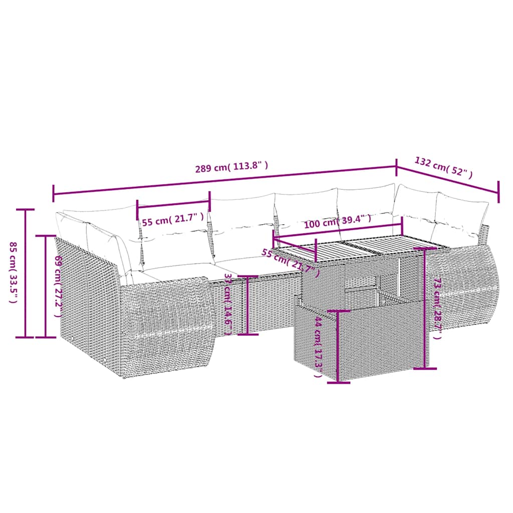 8 Pcs conjunto sofás de jardim com almofadões vime PE preto