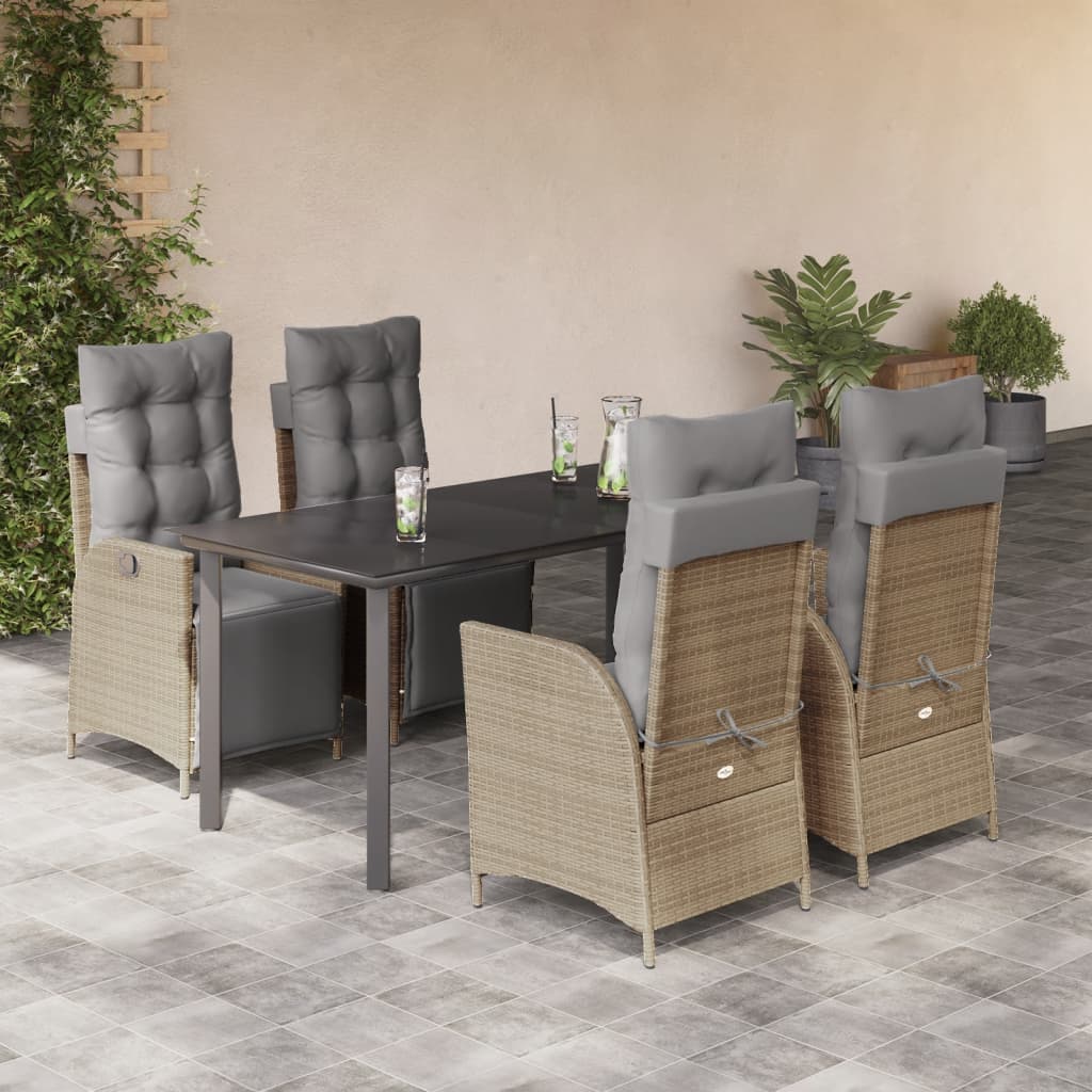 5Pcs conj. jantar jardim c/ almofadões vime PE bege misturado
