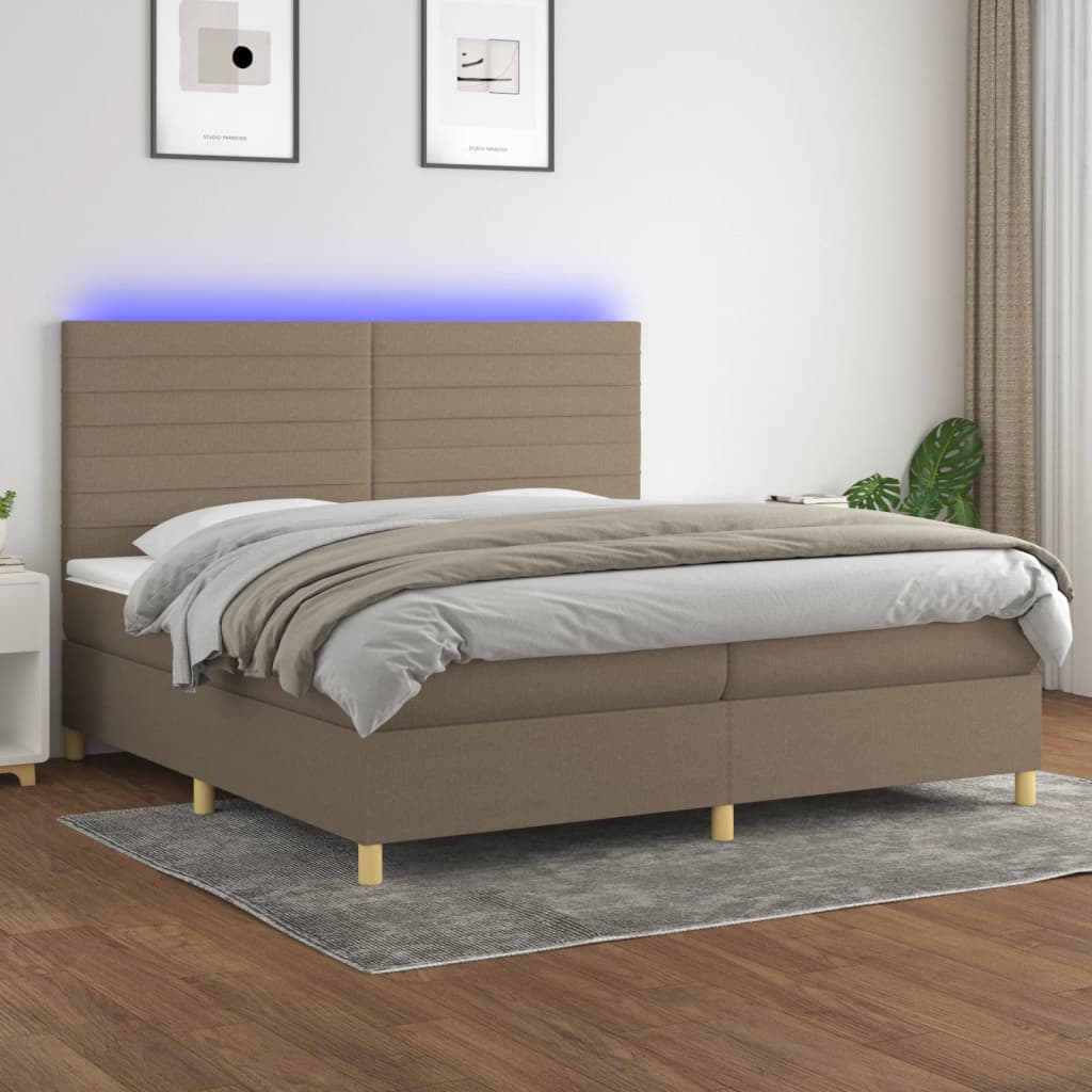 Cama box spring colchão/LED 200x200cm tecido cinza-acastanhado