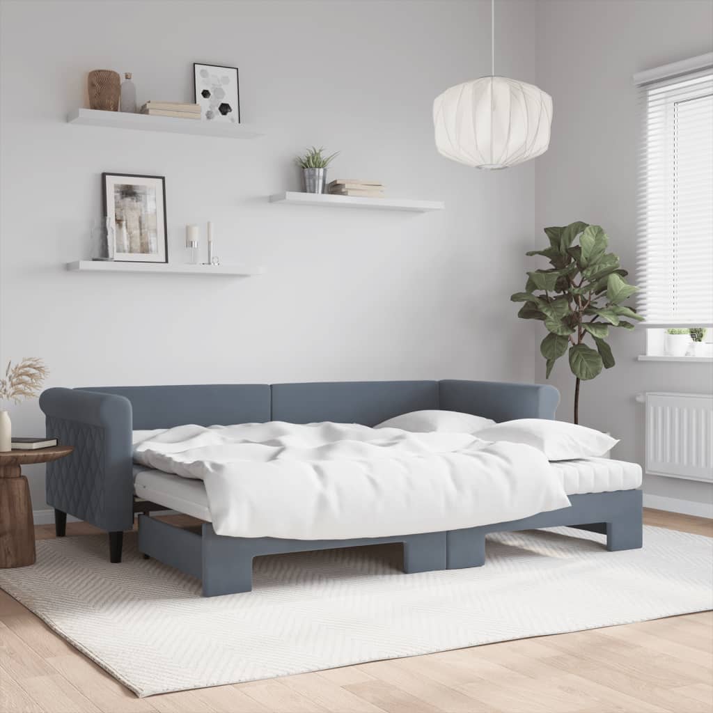Sofá-cama c/ gavetão e colchões 80x200cm veludo cinzento-escuro