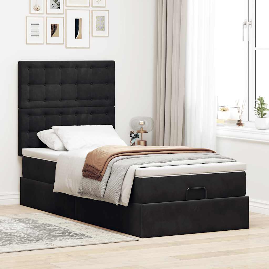 Estrutura de cama otomana com colchões preto 100x200cm veludo