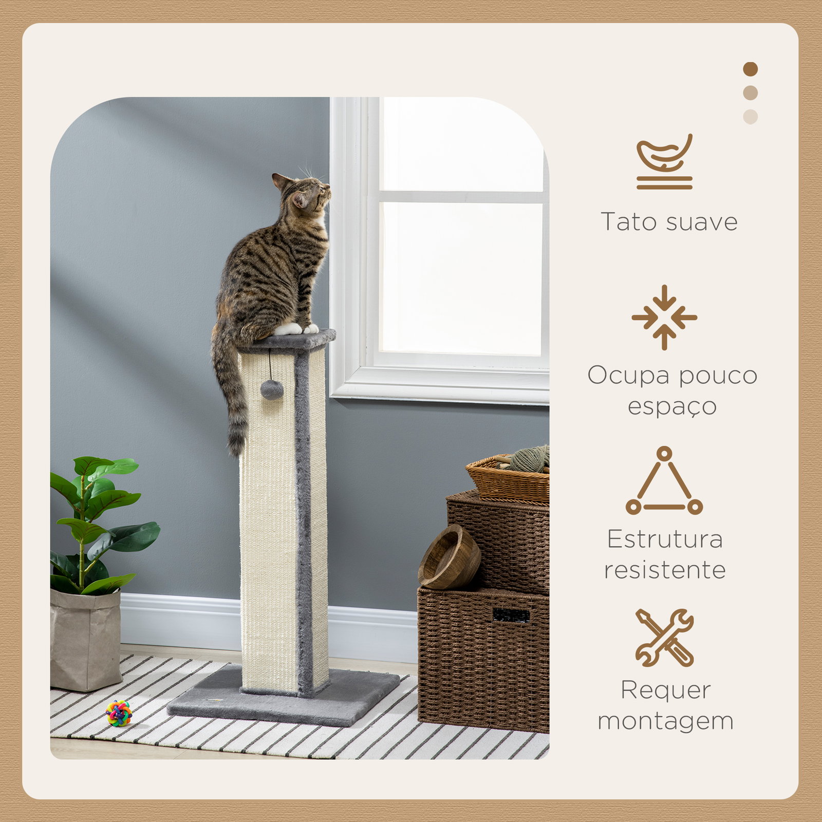 Poste arranhador para gatos altura 81 cm arranhador para gatos com poste de sisal e bola suspensa 41x41x81 cm cinza e creme