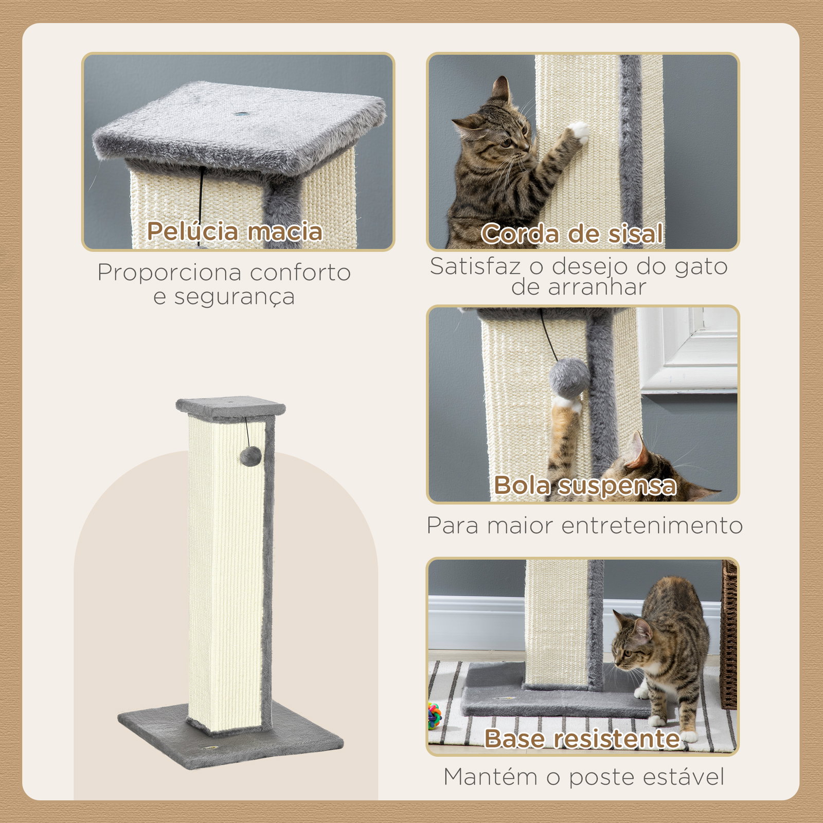 Poste arranhador para gatos altura 81 cm arranhador para gatos com poste de sisal e bola suspensa 41x41x81 cm cinza e creme