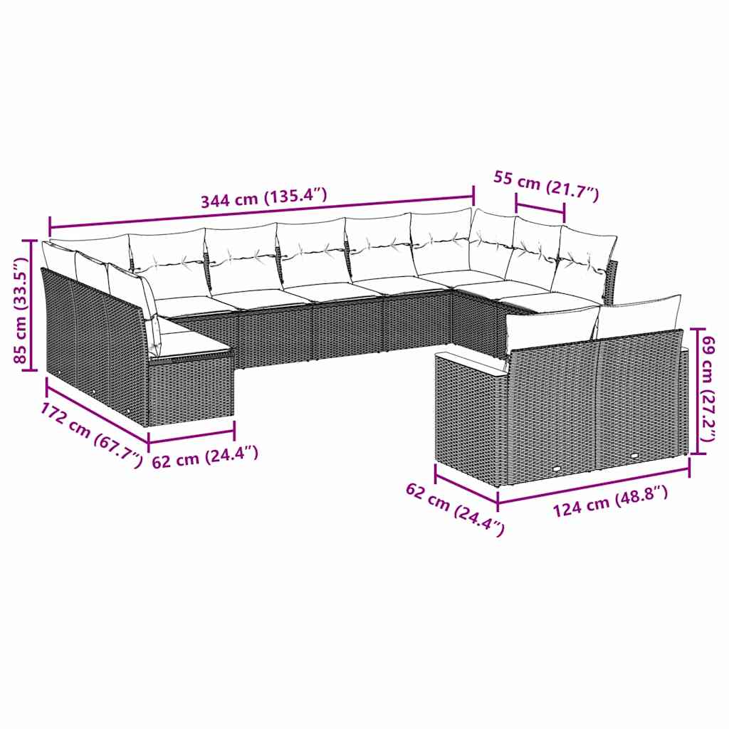 7 Pcs conjunto de sofás p/ jardim c/ almofadões vime PE preto