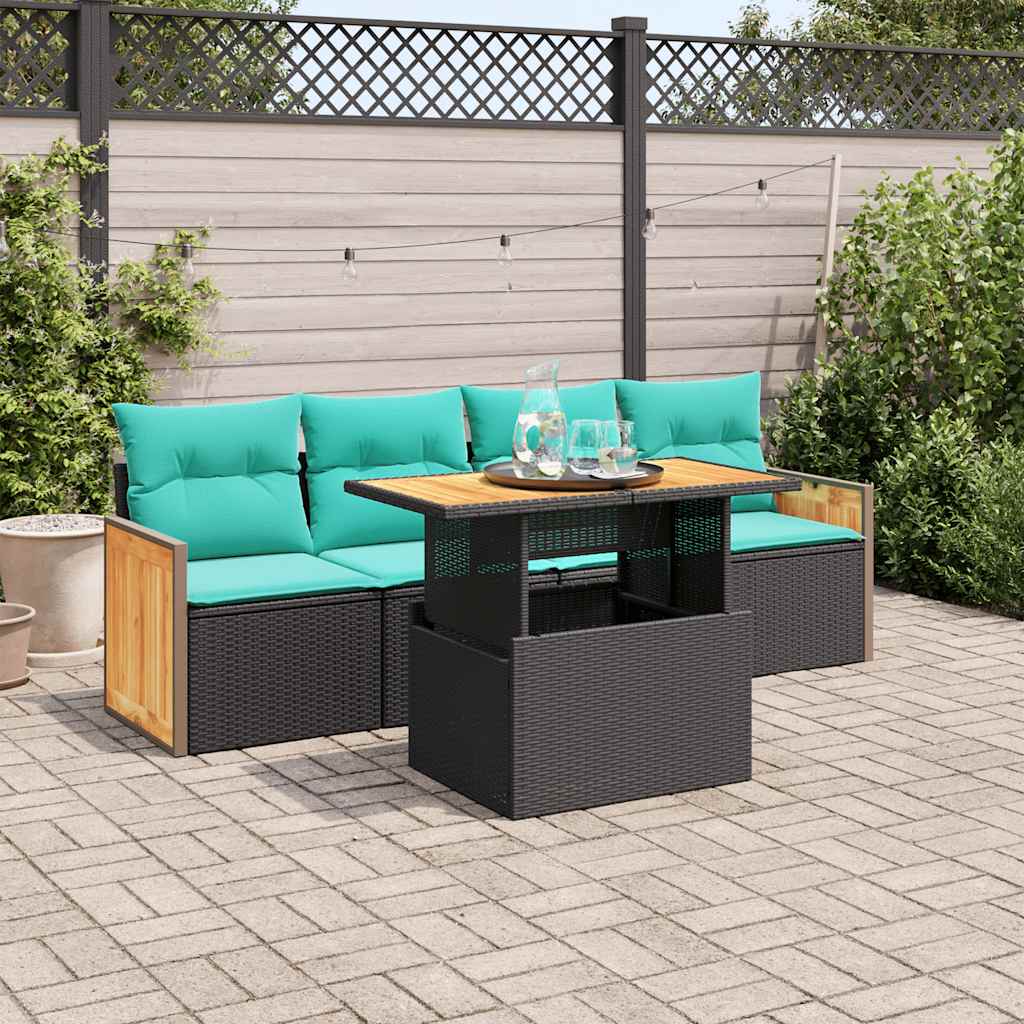 5 Pcs conjunto sofás de jardim com almofadões acácia e vime PE