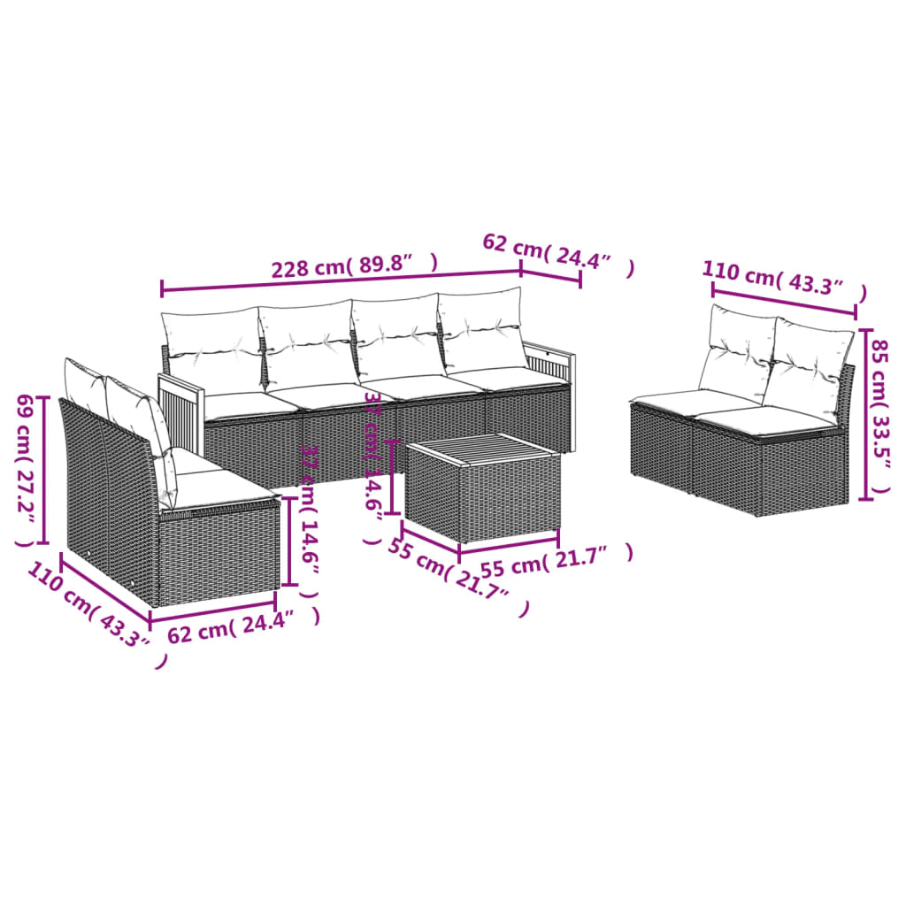 9 Pcs conjunto de sofás p/ jardim c/ almofadões vime PE preto