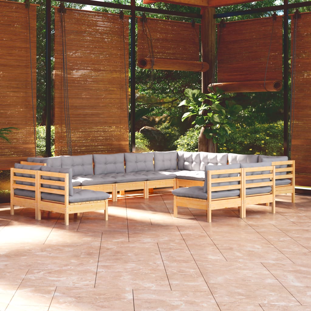 12Pcs conjunto lounge de jardim + almofadões cinza pinho maciço