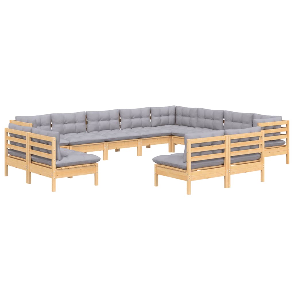 12Pcs conjunto lounge de jardim + almofadões cinza pinho maciço