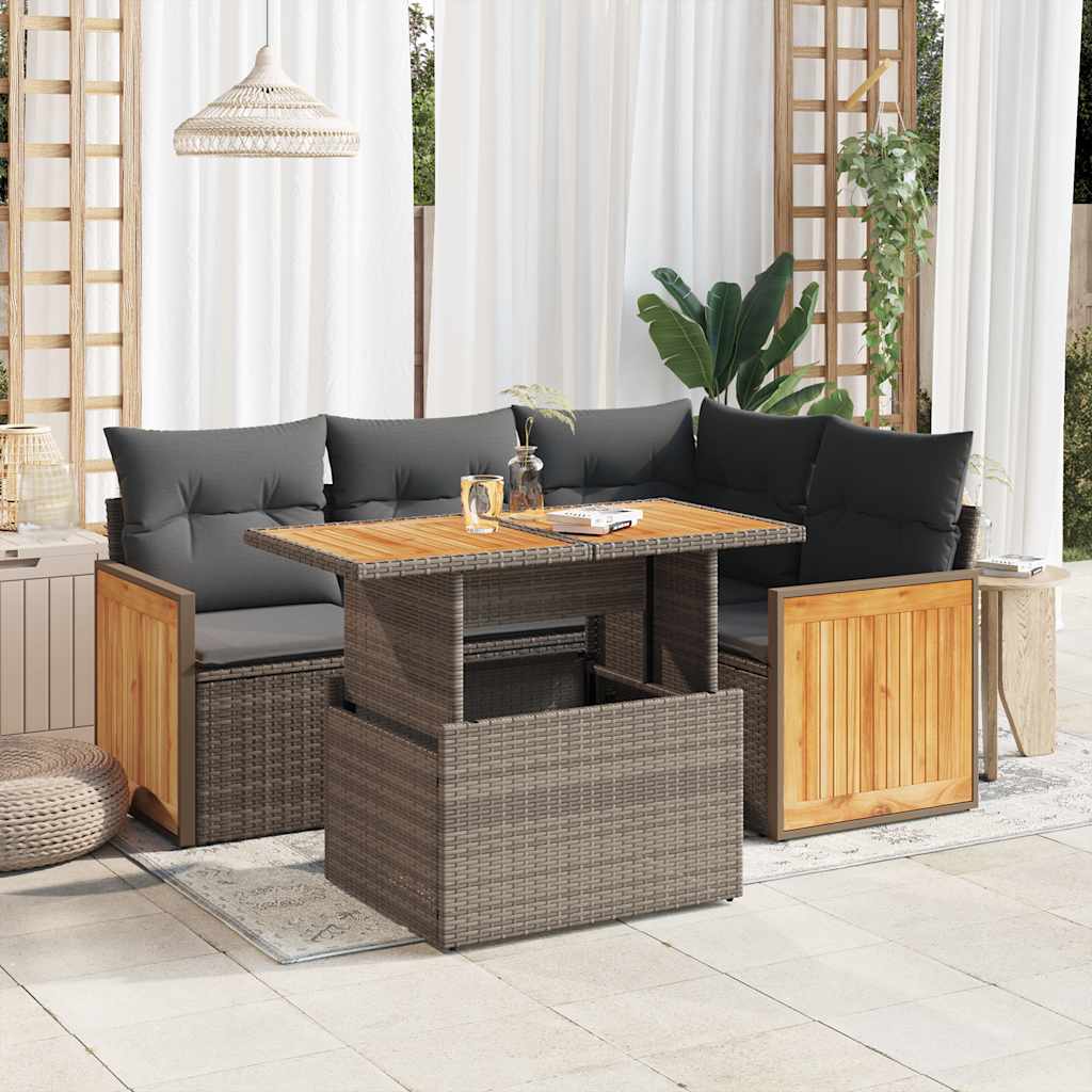 5 Pcs conjunto sofás de jardim c/ almofadões acácia e vime PE