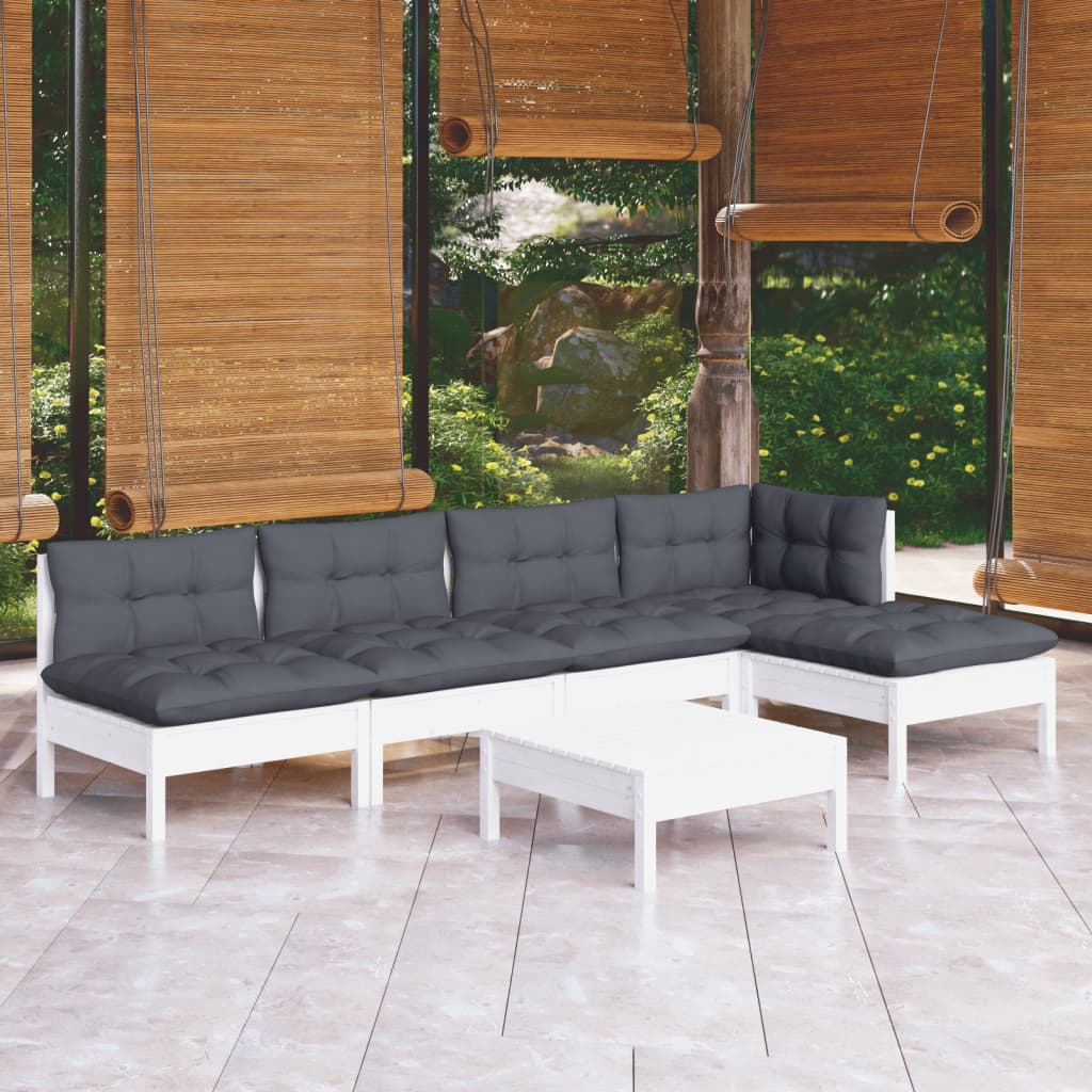 6 Pcs conjunto lounge de jardim c/ almofadões pinho branco