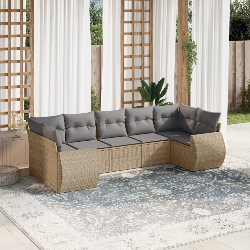 7 Pcs conjunto de sofás p/ jardim com almofadões vime PE bege