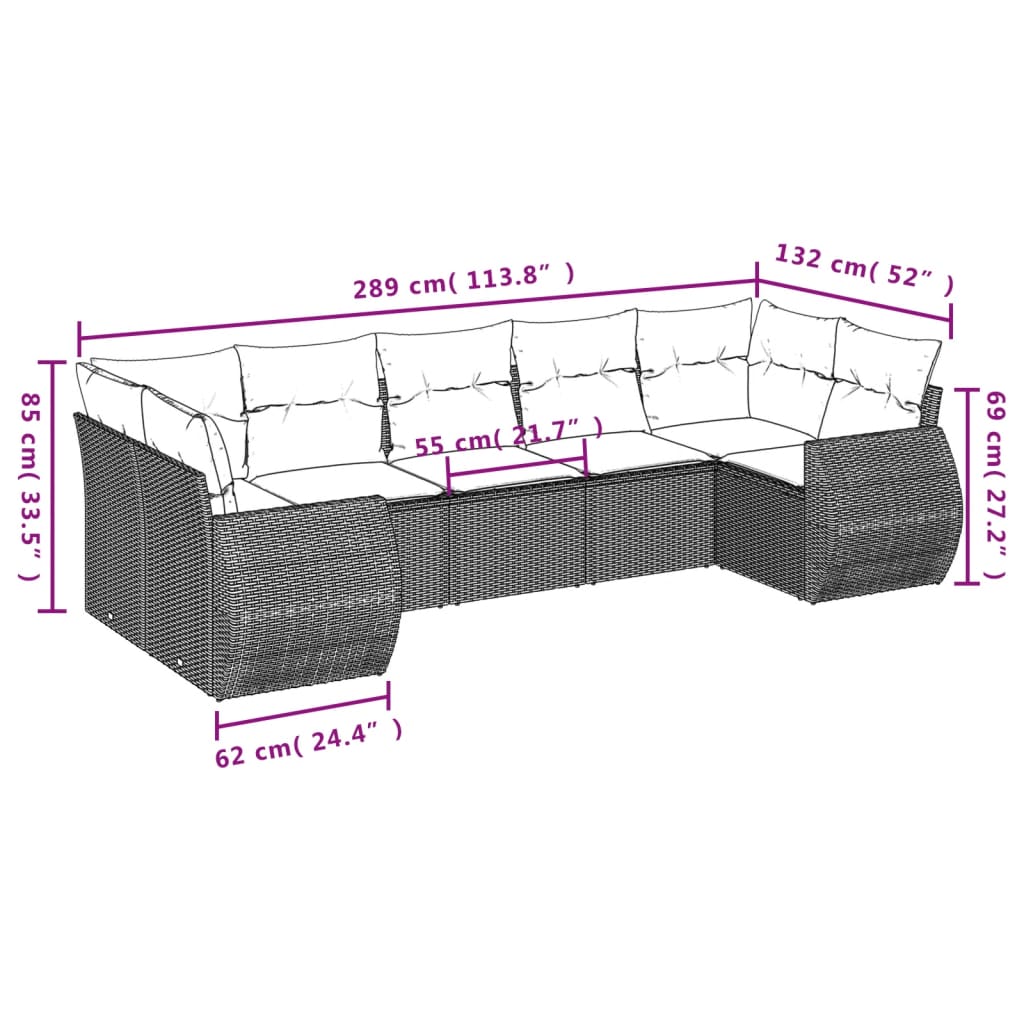 7 Pcs conjunto de sofás p/ jardim com almofadões vime PE bege