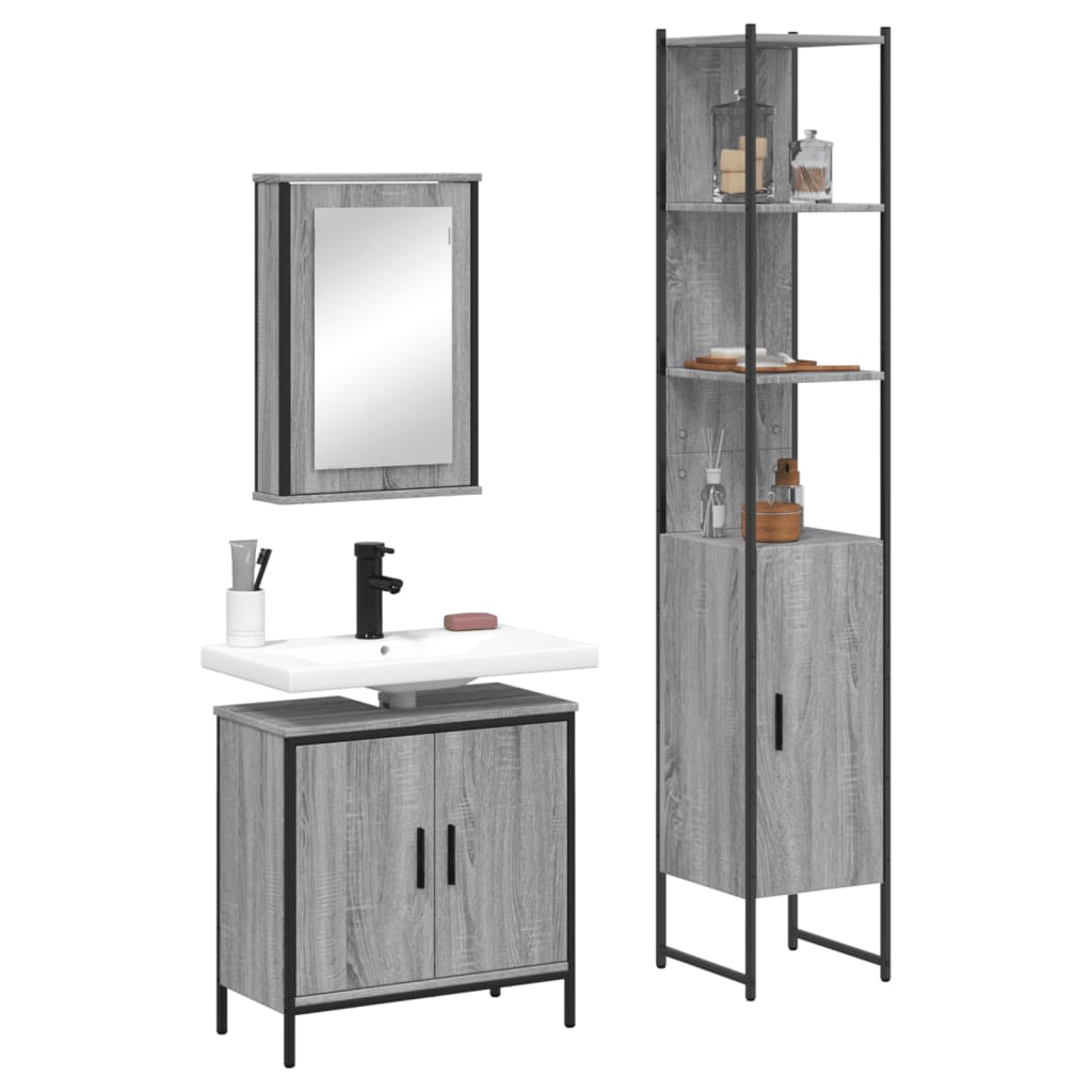 3 Pcs conjunto móveis casa de banho madeira proc. cinza sonoma