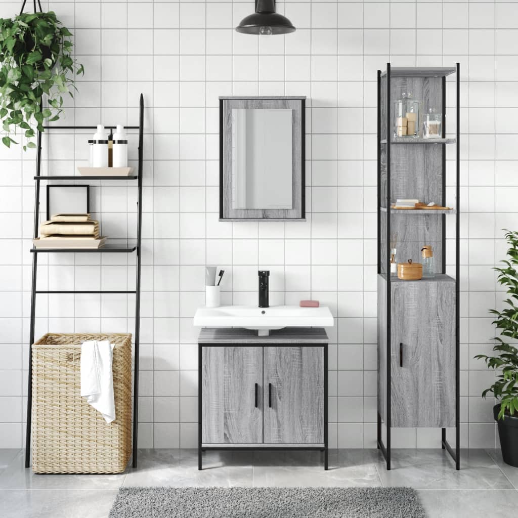3 Pcs conjunto móveis casa de banho madeira proc. cinza sonoma