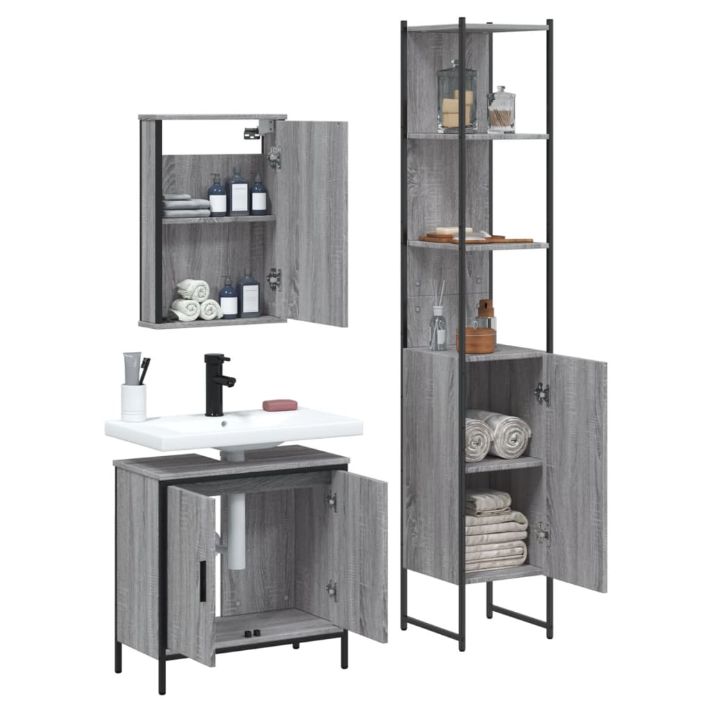 3 Pcs conjunto móveis casa de banho madeira proc. cinza sonoma