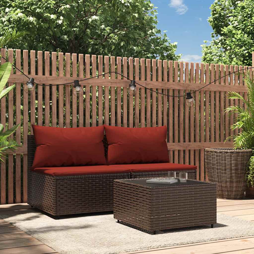3 Pcs conjunto lounge jardim c/ almofadões vime PE castanho