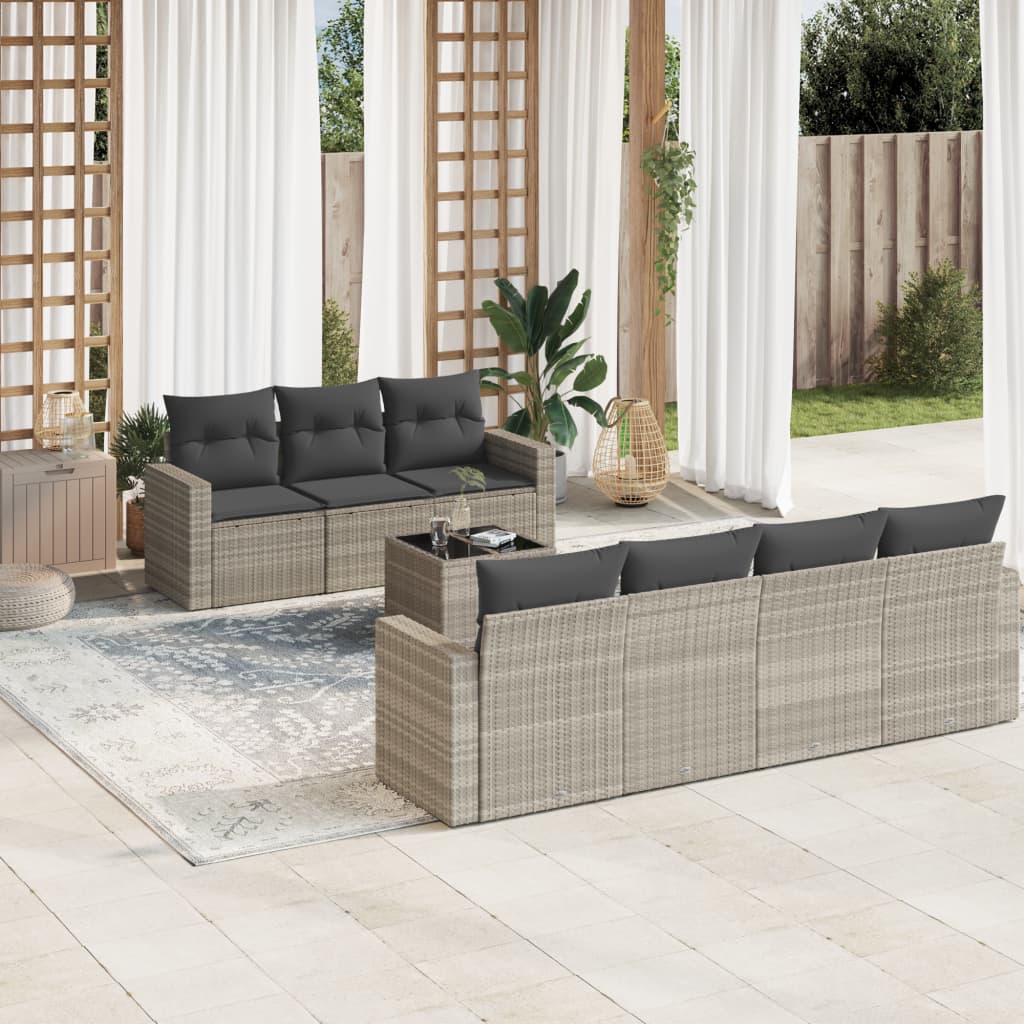 8 Pcs conj. sofás jardim c/ almofadões vime PE cinzento-claro