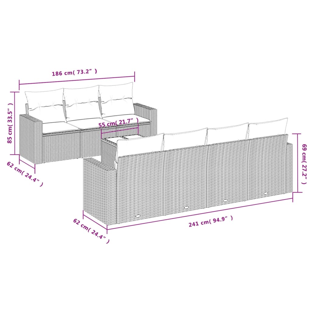 8 Pcs conj. sofás jardim c/ almofadões vime PE cinzento-claro