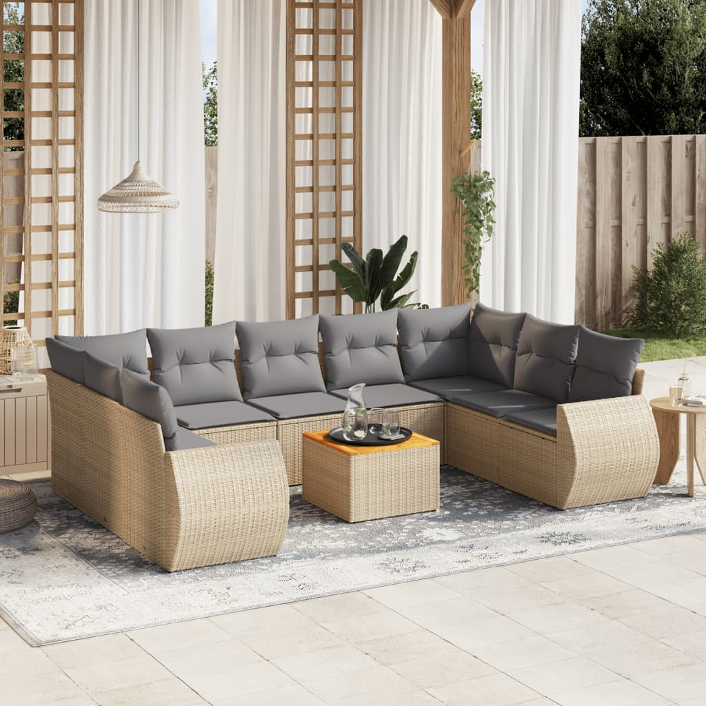 10 Pcs conjunto de sofás p/ jardim com almofadões vime PE bege