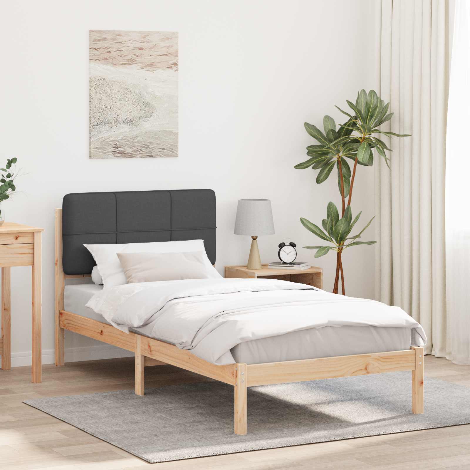 Estrutura de cama com cabeceira estofada cinza escuro