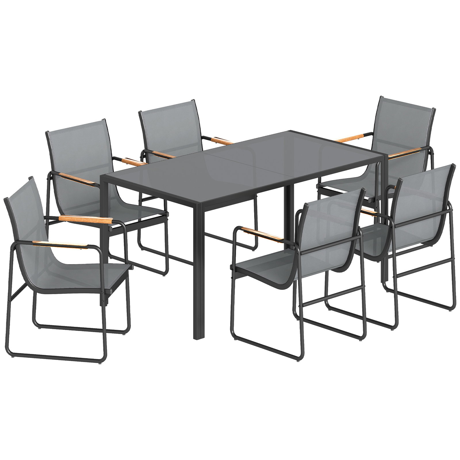 Conjunto de mesa e cadeiras de jardim de 7 peças com mesa de vidro temperado 6 cadeiras e estrutura em aço cinza