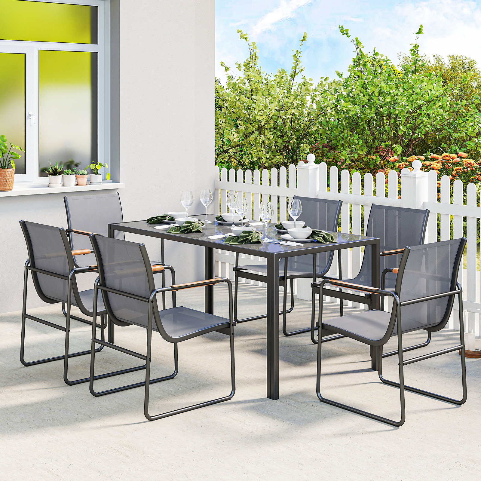 Conjunto de mesa e cadeiras de jardim de 7 peças com mesa de vidro temperado 6 cadeiras e estrutura em aço cinza