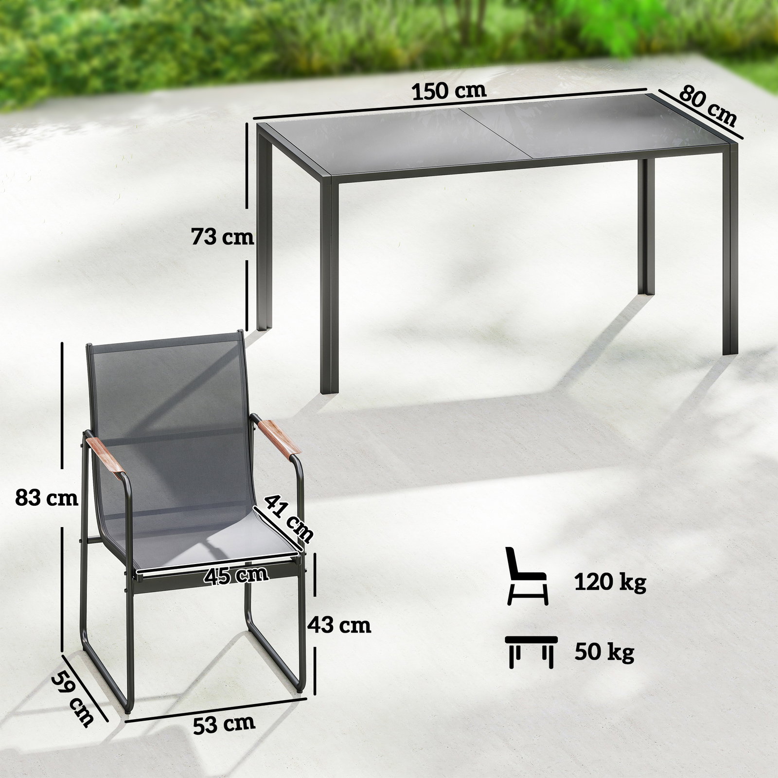 Conjunto de mesa e cadeiras de jardim de 7 peças com mesa de vidro temperado 6 cadeiras e estrutura em aço cinza