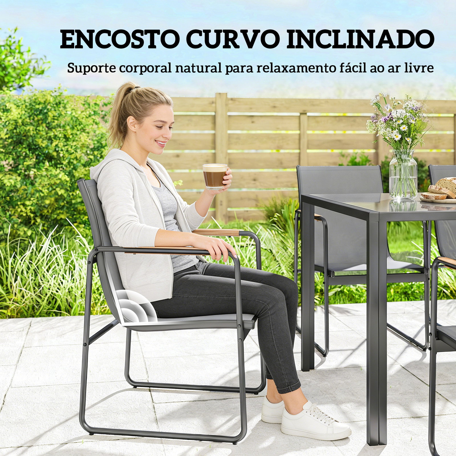 Conjunto de mesa e cadeiras de jardim de 7 peças com mesa de vidro temperado 6 cadeiras e estrutura em aço cinza