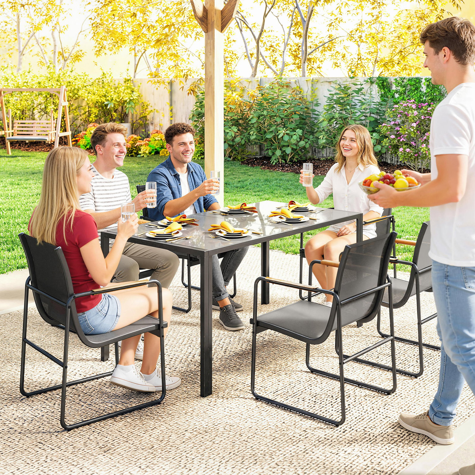 Conjunto de mesa e cadeiras de jardim de 7 peças com mesa de vidro temperado 6 cadeiras e estrutura em aço cinza