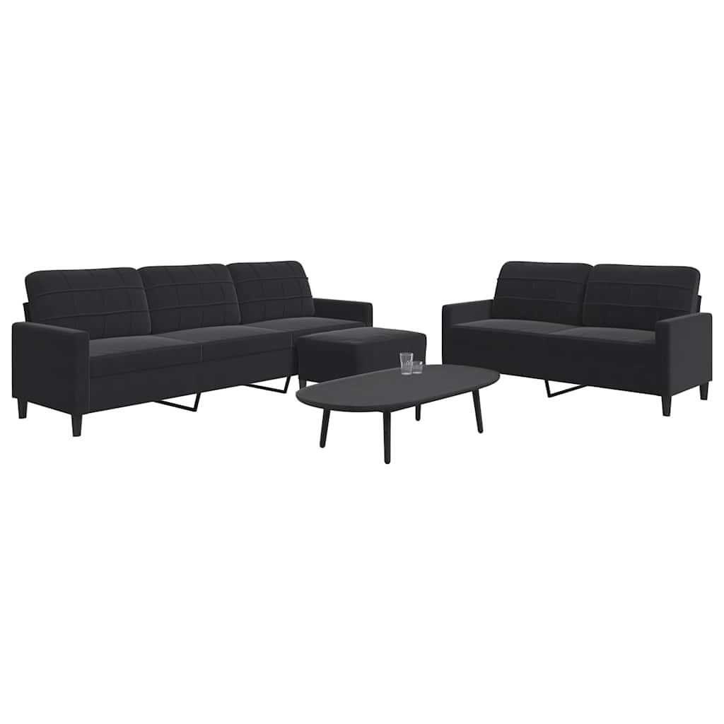 3 Pcs conjunto de sofás com almofadões veludo preto