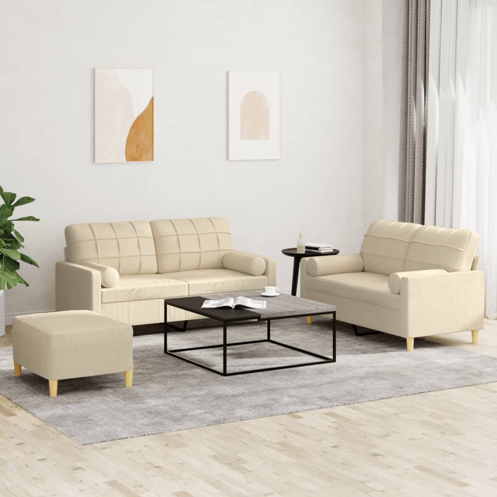 3 Pcs conjunto de sofás com almofadas tecido cor creme