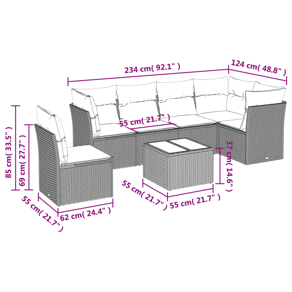 7 Pcs conjunto de sofás p/ jardim c/ almofadões vime PE preto