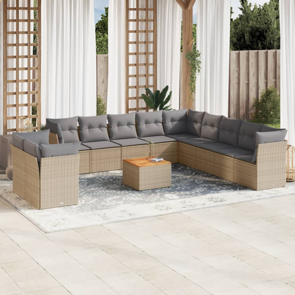 12 Pcs conjunto de sofás p/ jardim com almofadões vime PE bege