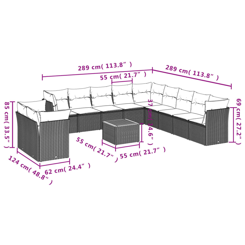 12 Pcs conjunto de sofás p/ jardim com almofadões vime PE bege