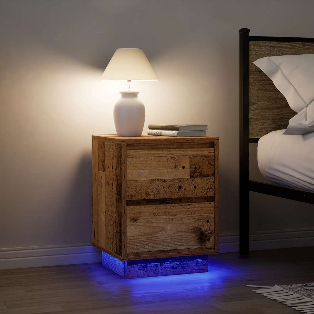 Mesas cabeceira c/ luzes LED 2 pcs 38x34x50 cm madeira velha