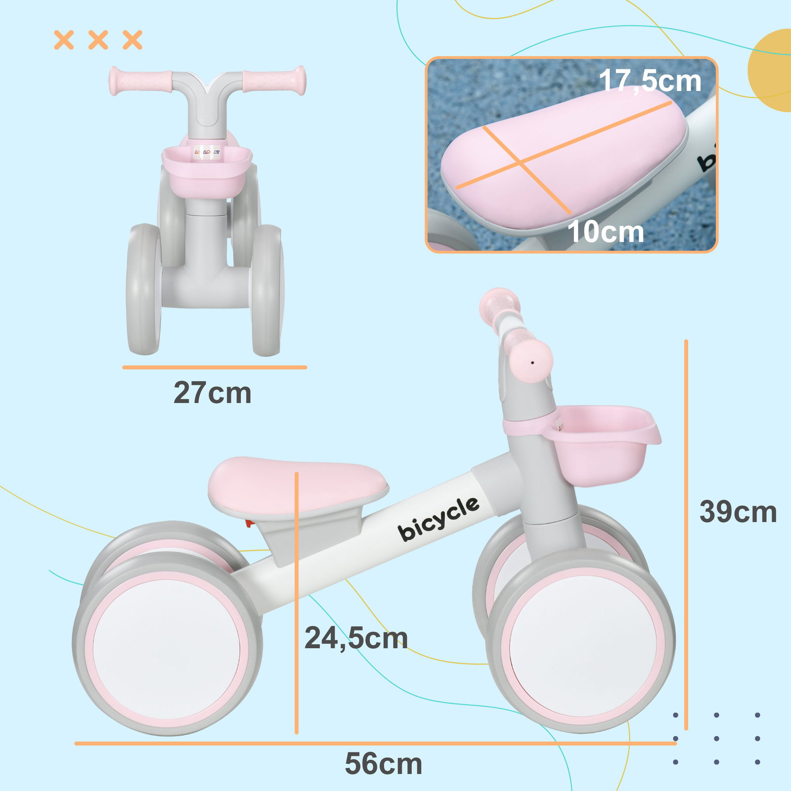 Bicicleta sem pedais para crianças de 12-36 meses bicicleta de equilíbrio com assento ajustável 56x27x39 cm rosa