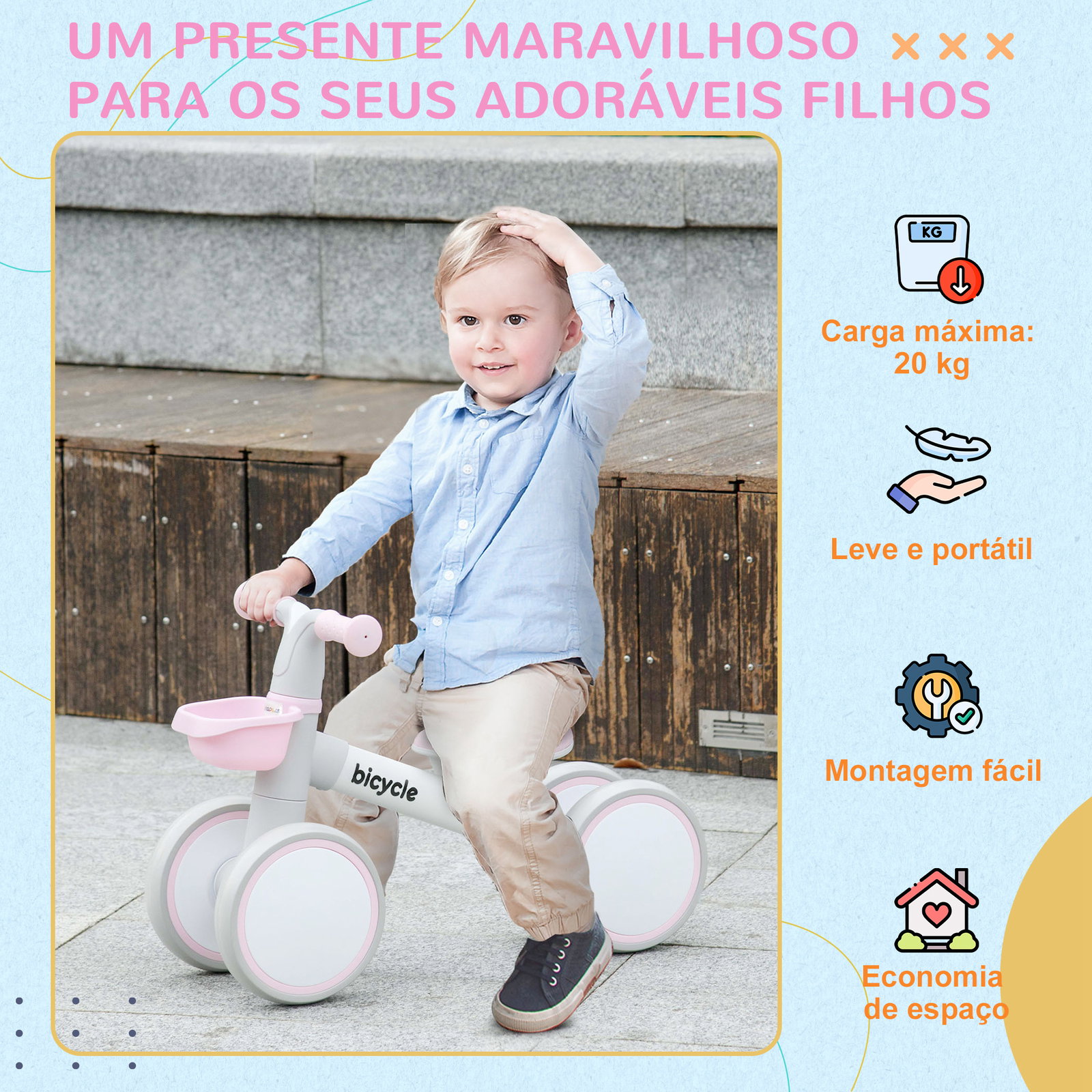 Bicicleta sem pedais para crianças de 12-36 meses bicicleta de equilíbrio com assento ajustável 56x27x39 cm rosa