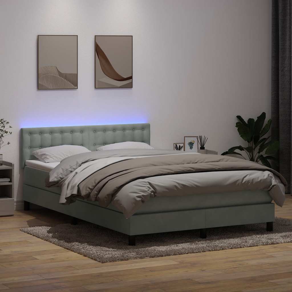 Cama box spring c/ colchão e LED 160x210 cm veludo cinzento-claro