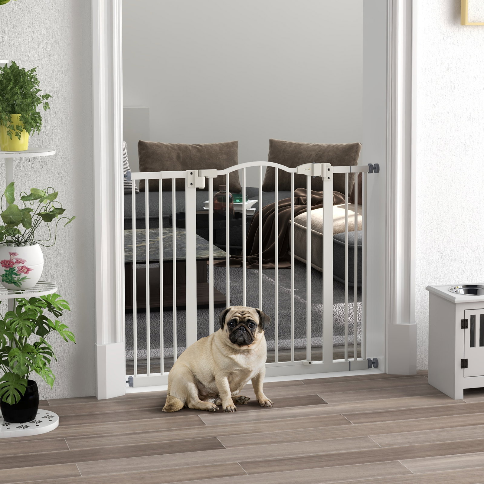 Barreira de segurança para cães com largura ajustável 74-100 cm e extensões para escadas e portas branco