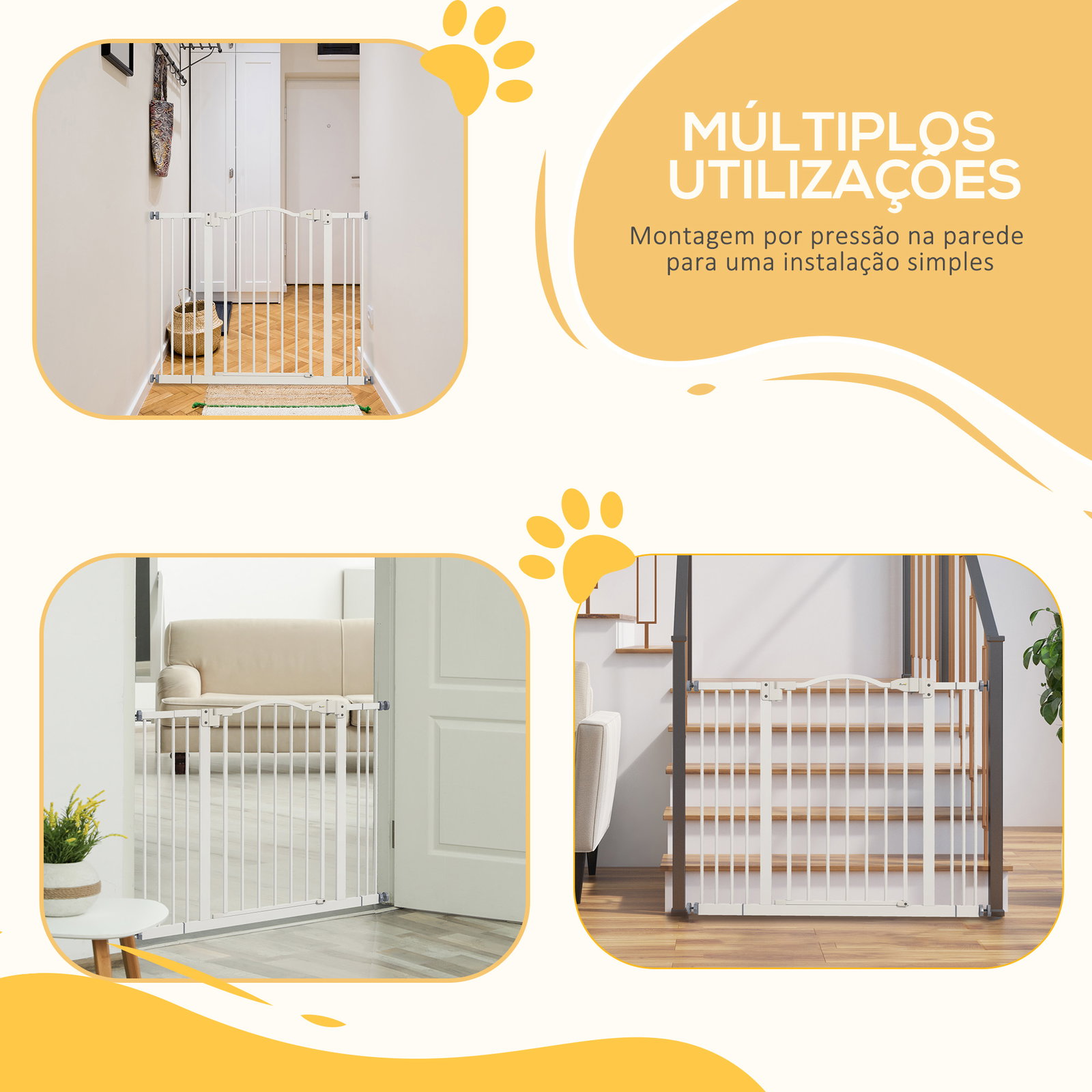 Barreira de segurança para cães com largura ajustável 74-100 cm e extensões para escadas e portas branco