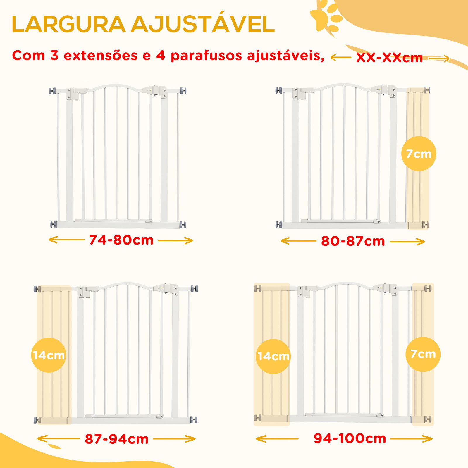Barreira de segurança para cães com largura ajustável 74-100 cm e extensões para escadas e portas branco