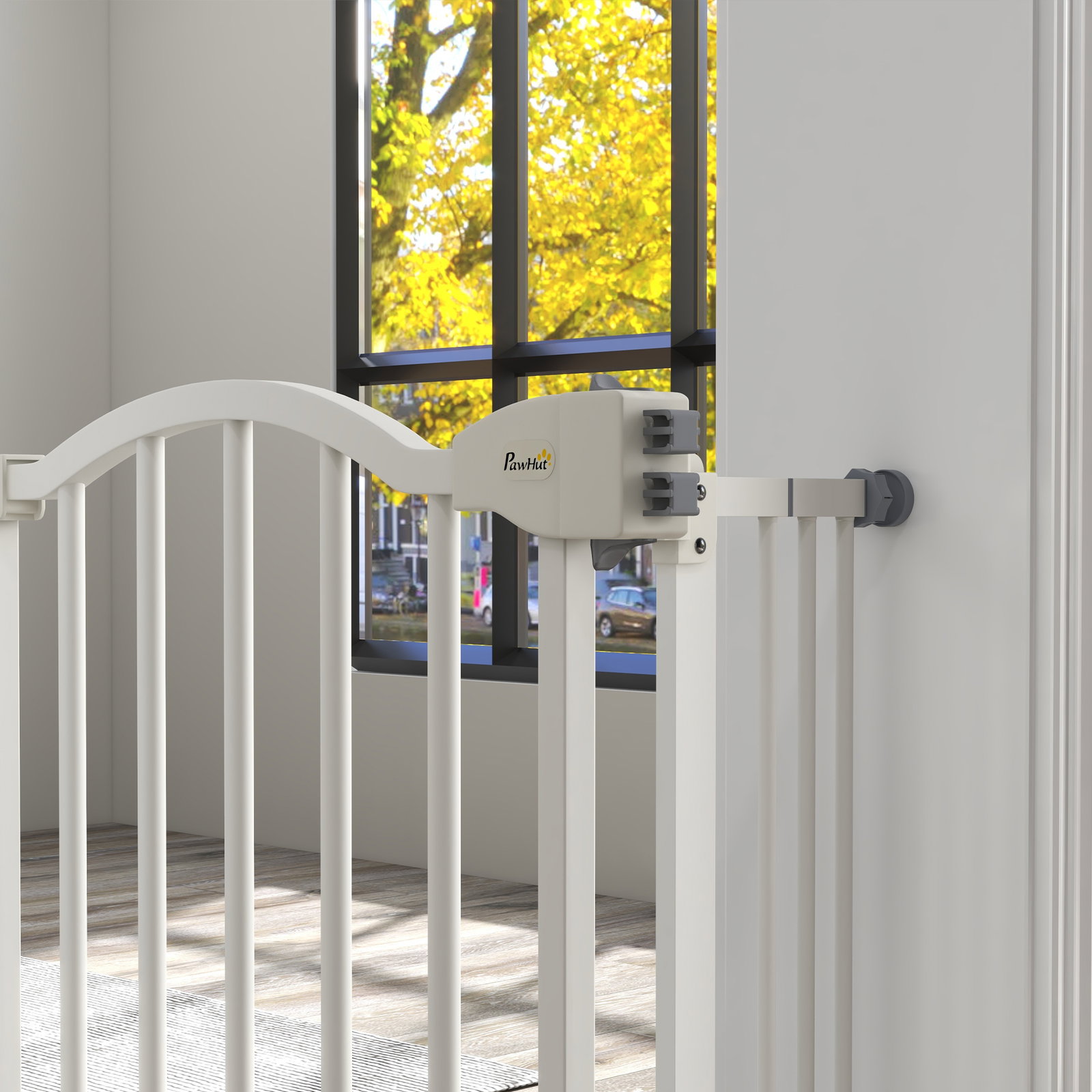 Barreira de segurança para cães com largura ajustável 74-100 cm e extensões para escadas e portas branco