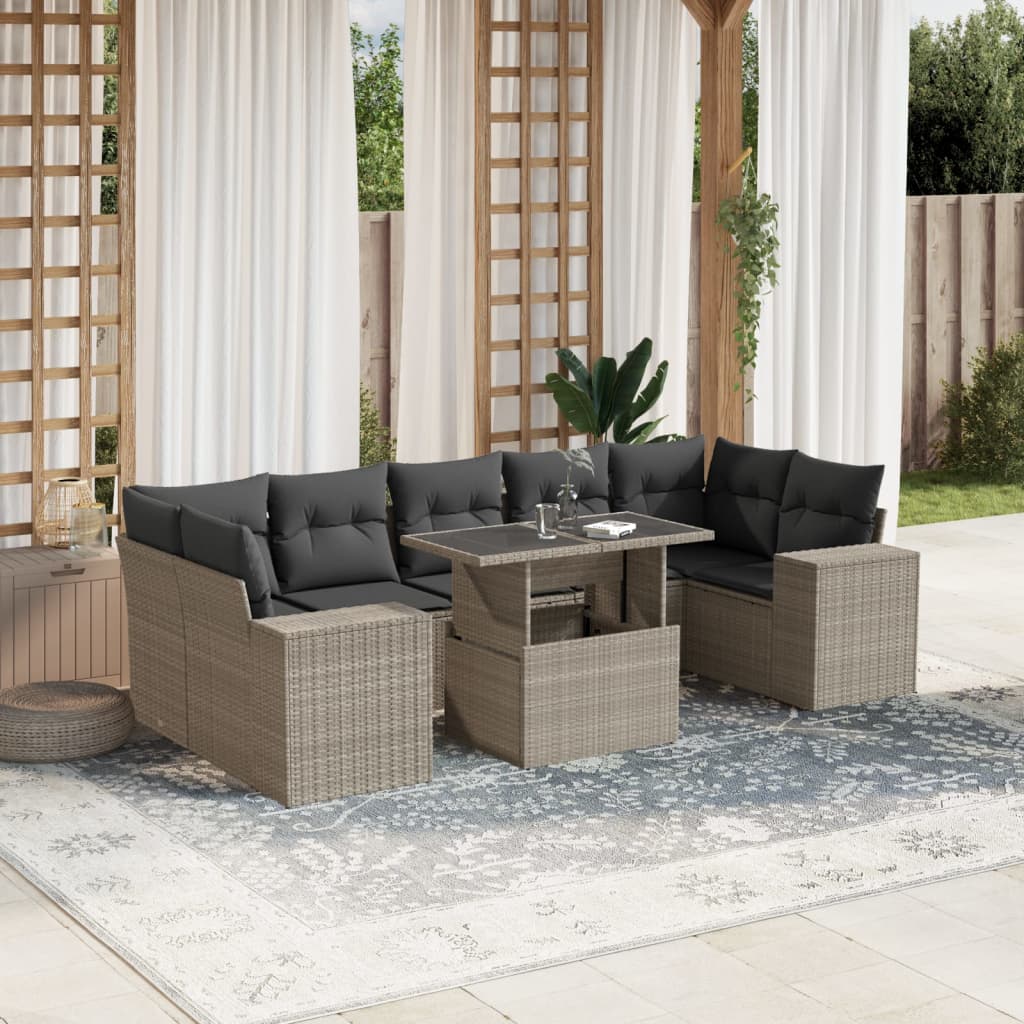 8 Pcs conj. sofás jardim c/ almofadões vime PE cinzento-claro