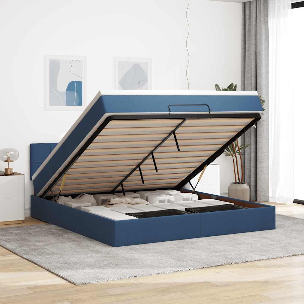 Estrutura de cama otomana com tecido azul colchão 180x200cm